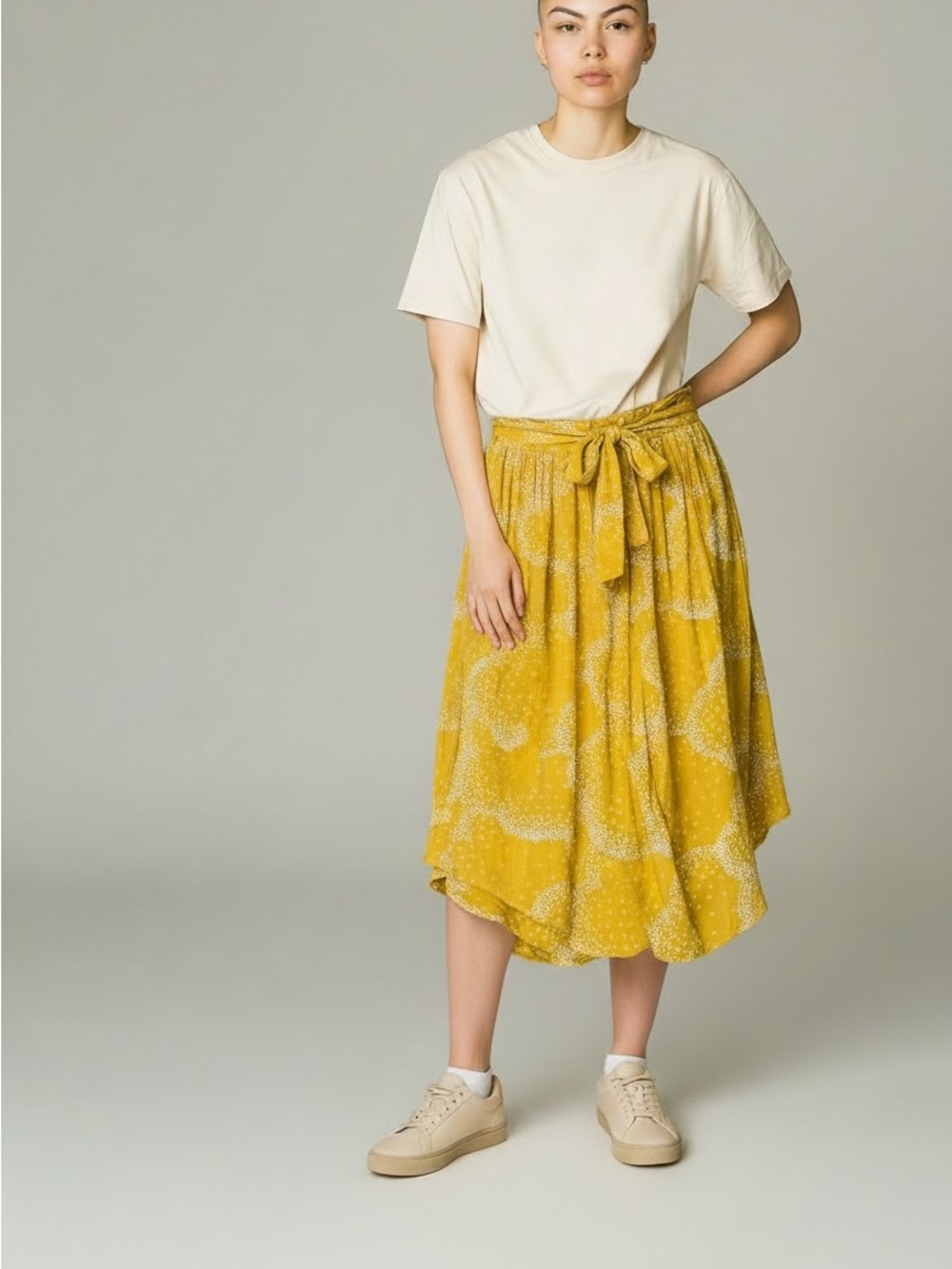 Anthropologie Yellow Tie-Front Midi Skirt with Subtle Print